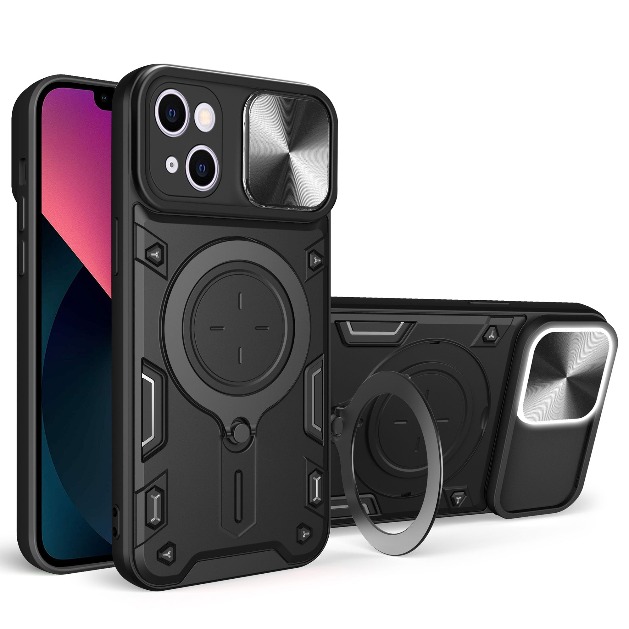 For iPhone 13 6.1 inch Slide Camera Guard Phone Case PC TPU Drop-proof Cover with Rotating Kickstand For iPhone 13 6.1 inch Slide Camera Guard Phone Case PC TPU Drop-proof Cover with Rotating Kickstand